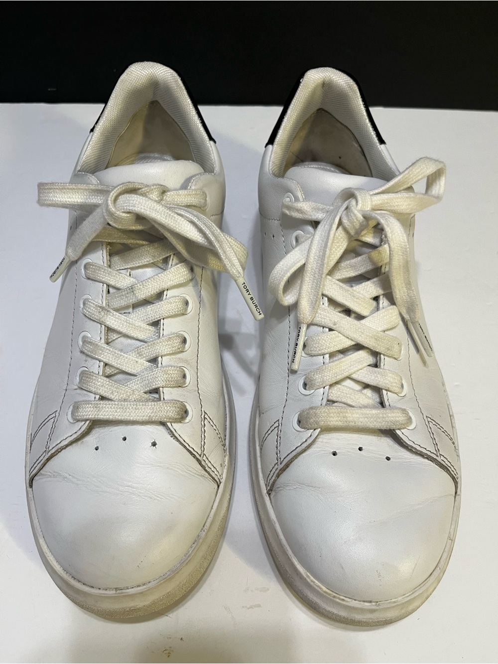 Tory Burch White Leather Low-Top Sneakers with Black Heel Tab